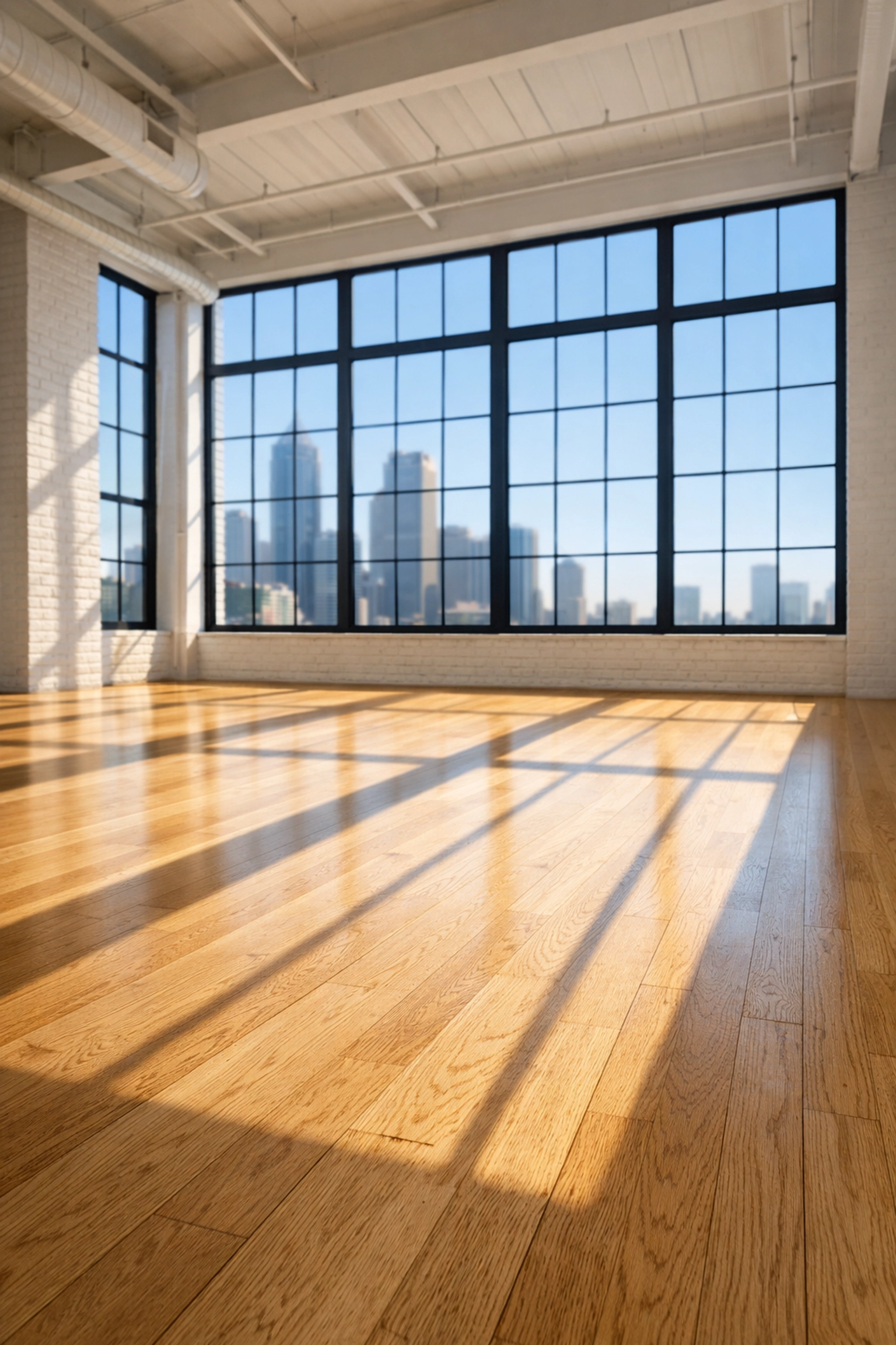 A move-in ready apartment loft with vacuumed wood floors and city views for professional turnover.