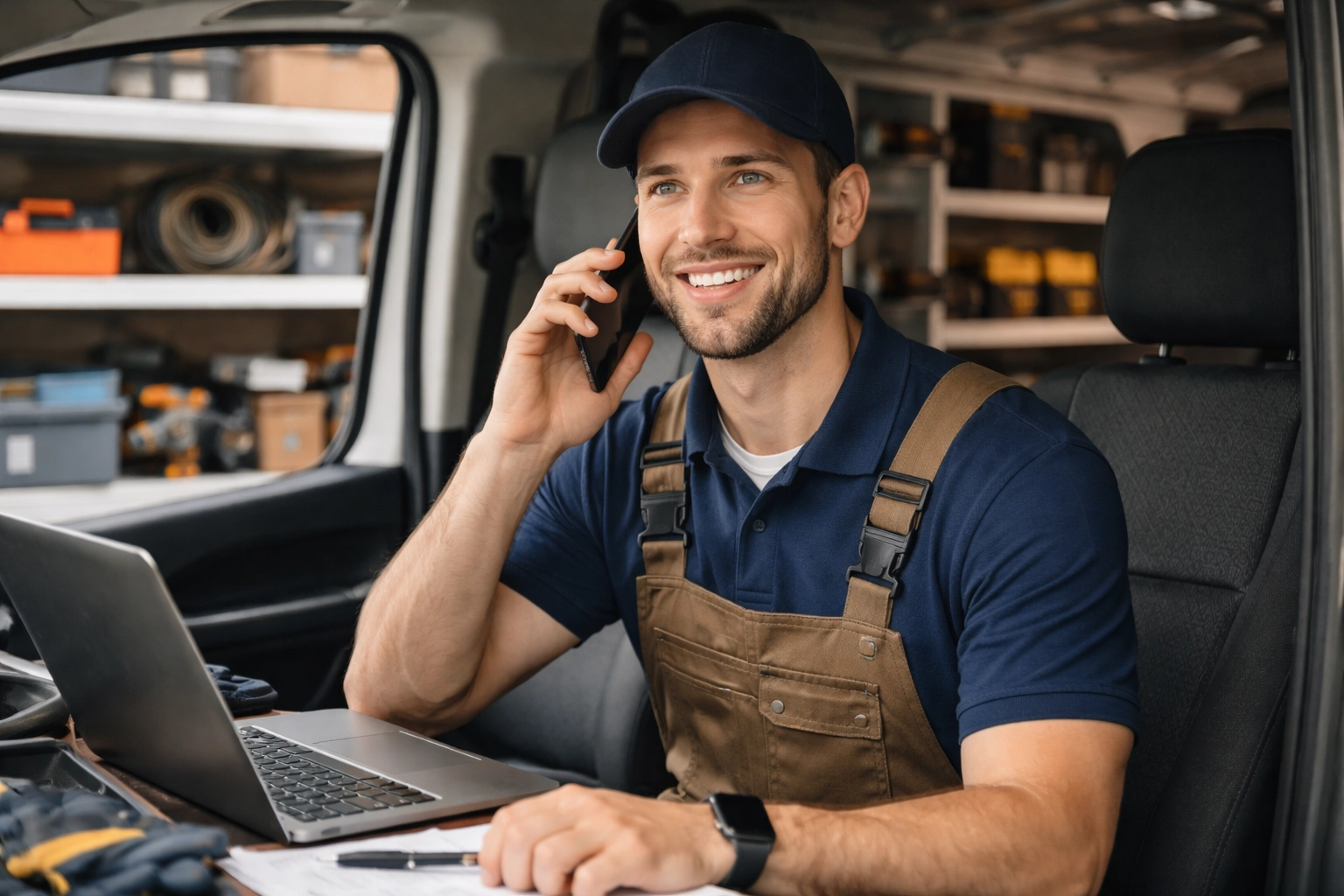 Contractor team member answering a phone call in a service van, representing fast follow-up