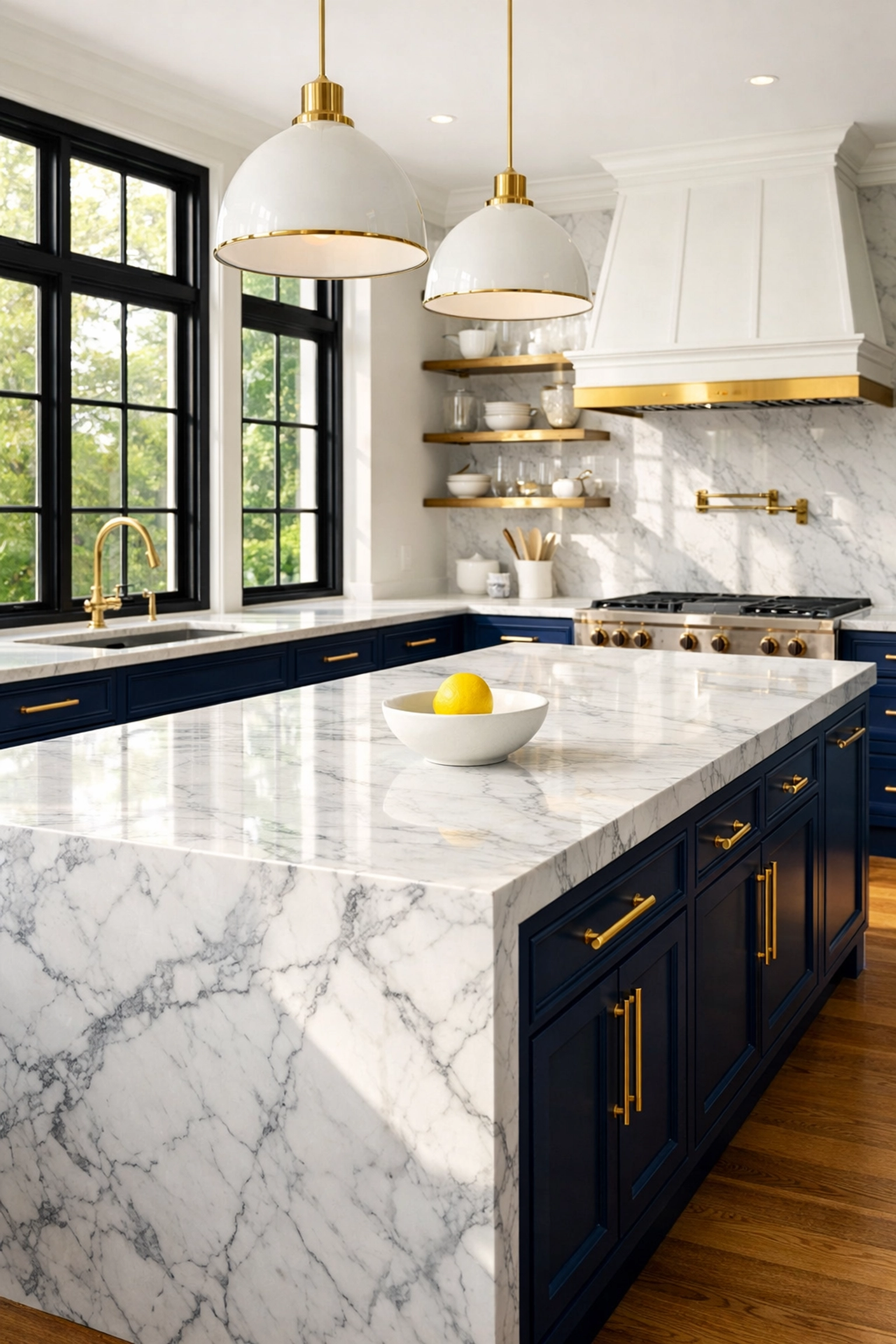 Spotless white marble kitchen in a Dover estate after professional residential cleaning Massachusetts.