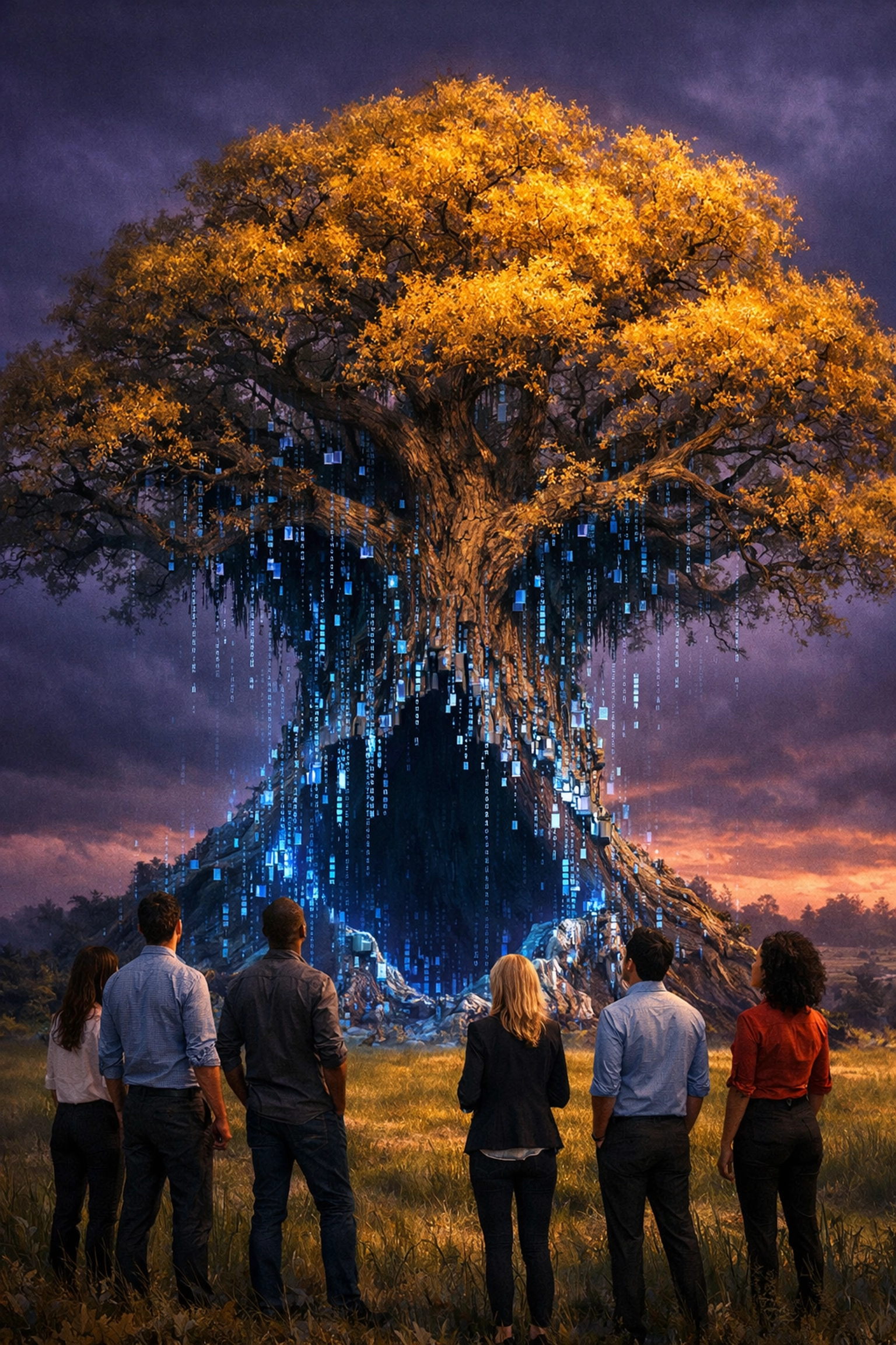 A corporate tree dissolving into digital code, illustrating the loss of junior talent due to AI automation.