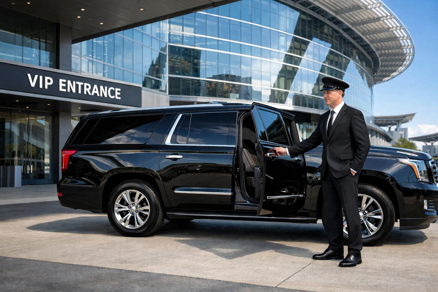 Chauffeur-driven black executive SUV arriving at a stadium VIP entrance for seamless travel.