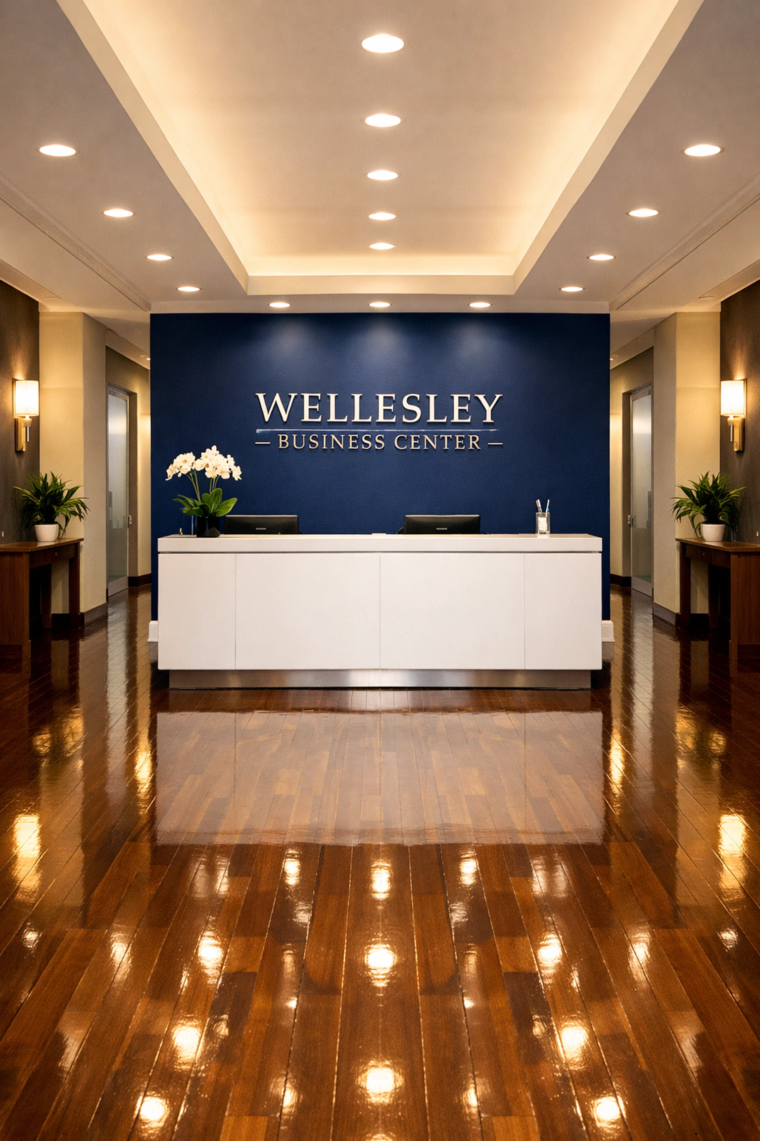 Spotless reception area and polished floors in a Wellesley business center maintained by professionals.