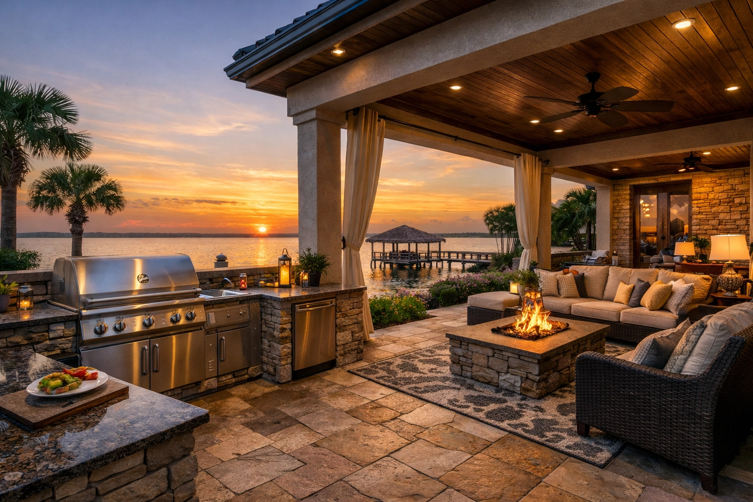 Luxurious outdoor kitchen and patio designed by a custom home builder in Okeechobee with lake views.
