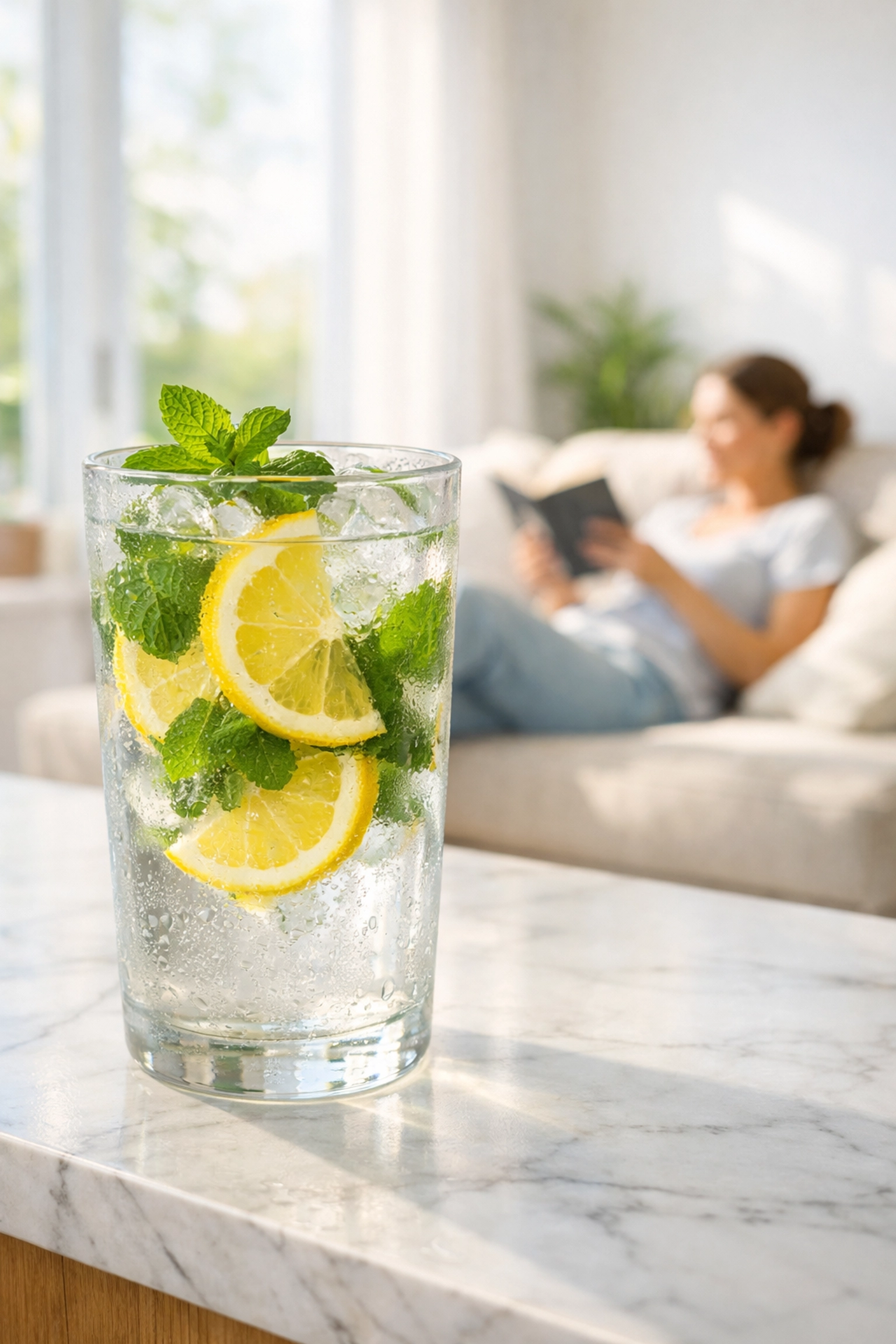 Refreshing lemon water on a counter, emphasizing the importance of hydration during medical weight loss.