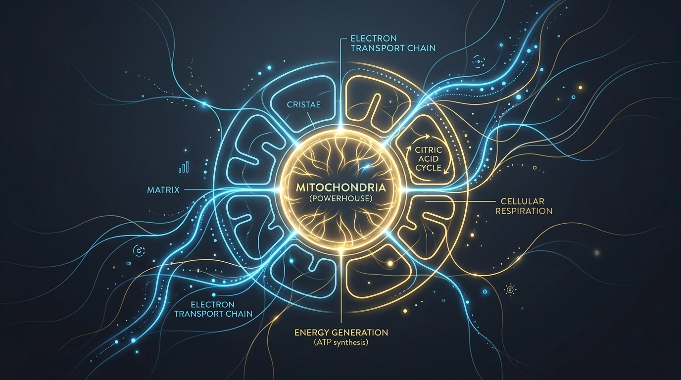 Abstract representation of cellular energy pathways and mitochondrial function