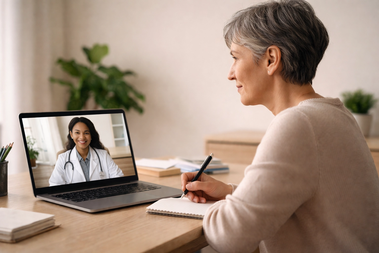 Patient taking notes during a telemedicine video call at home office, focused on functional medicine care