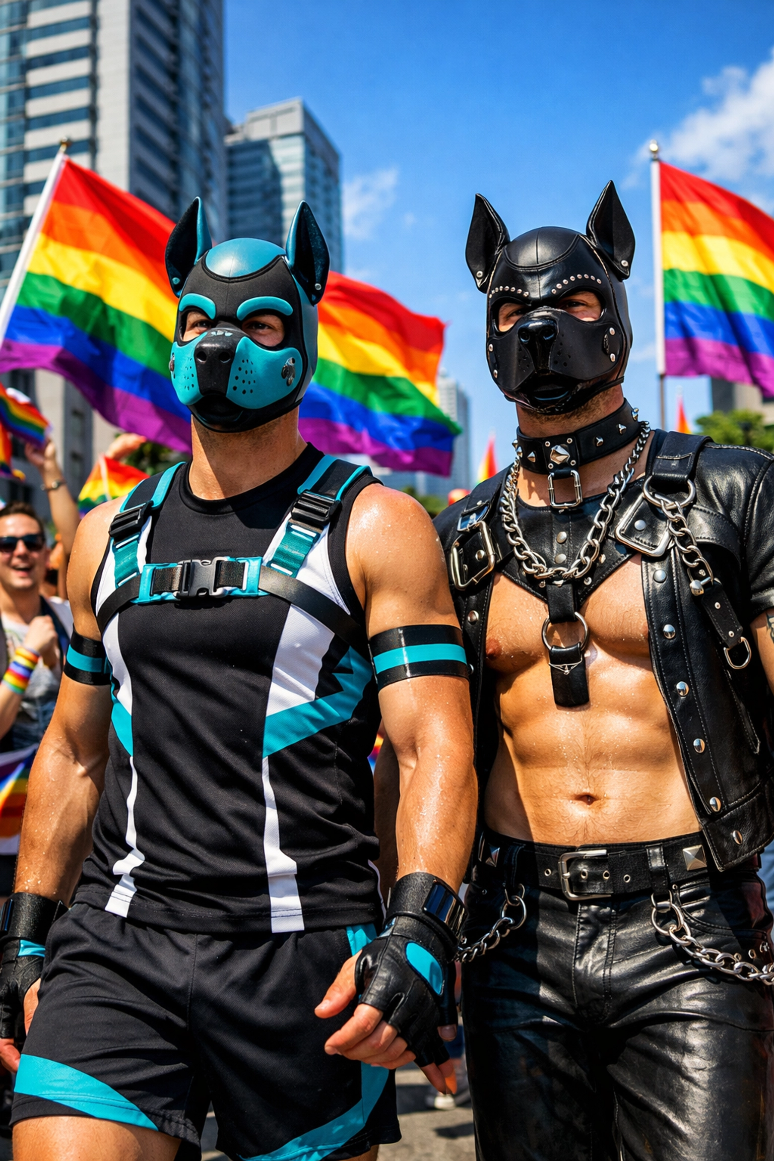 Modern Pride parade featuring LGBTQ pup players in colorful gear celebrating puppy play culture