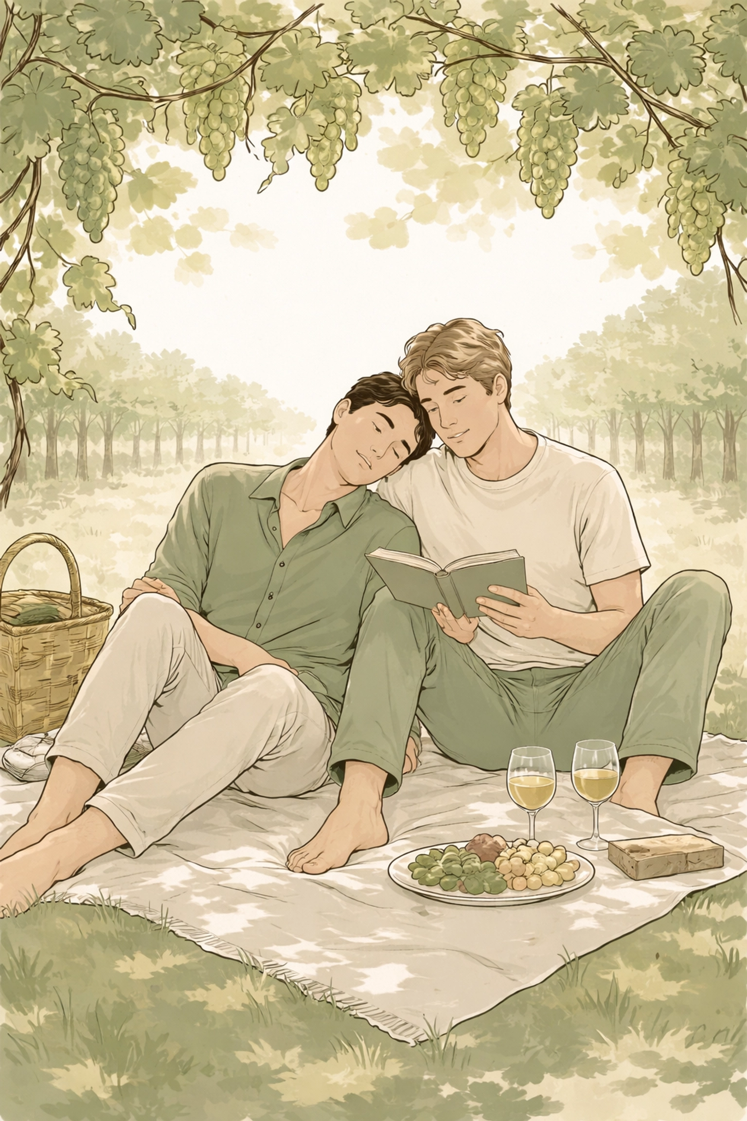 Two men relax on a vineyard blanket, sharing a book. Scene depicts intimacy in authentic MM naturism literature.