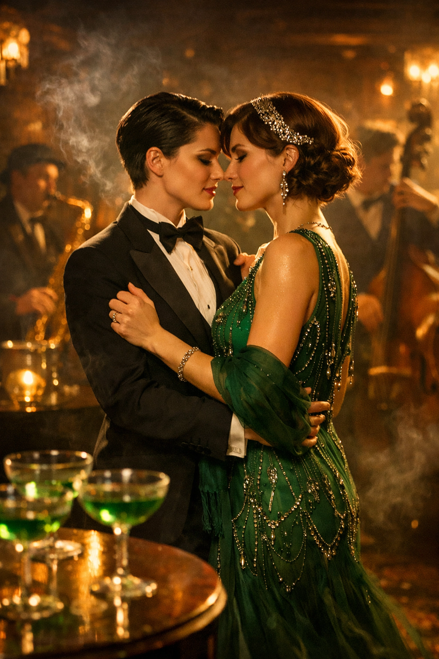 Lesbian couple dancing in a 1920s Paris speakeasy celebrating queer liberation and nightlife