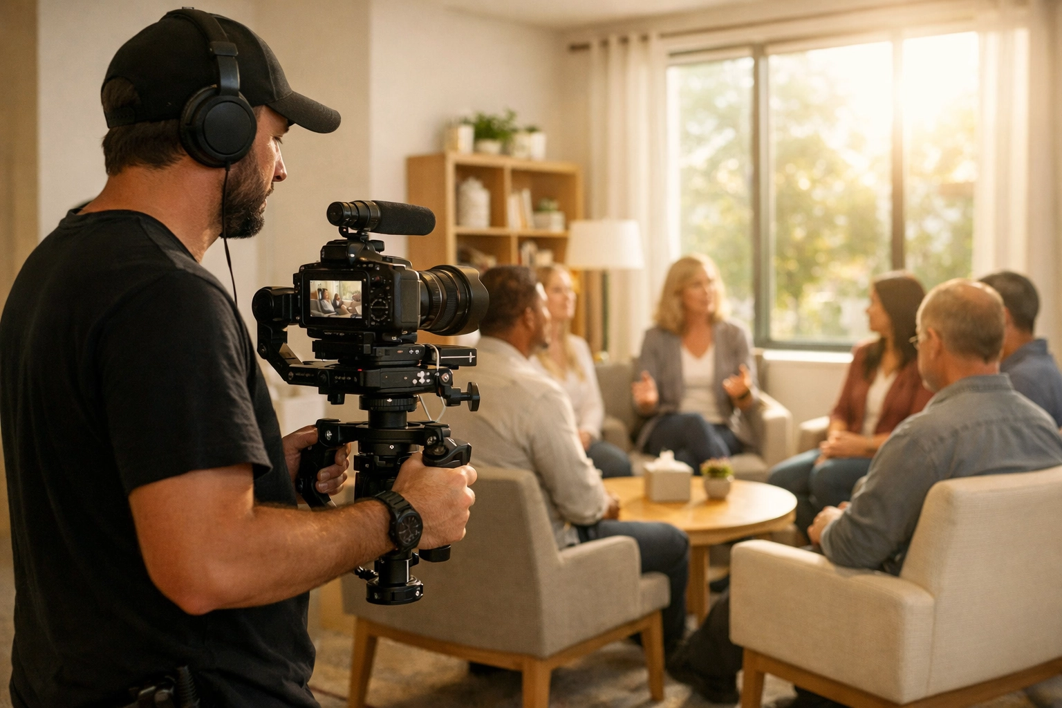 Professional video tour filming in modern treatment facility with natural lighting