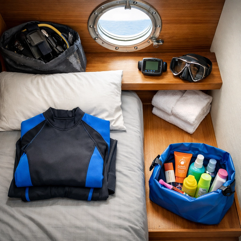 Organized liveaboard cabin with dive gear and wetsuit efficiently packed