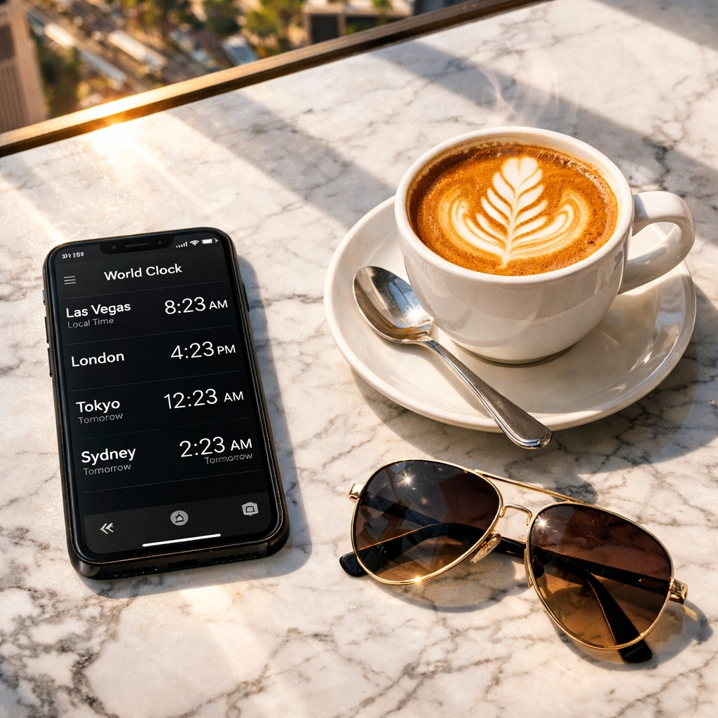 World clock on a phone and coffee in a Vegas lounge, ideal for managing international business time.