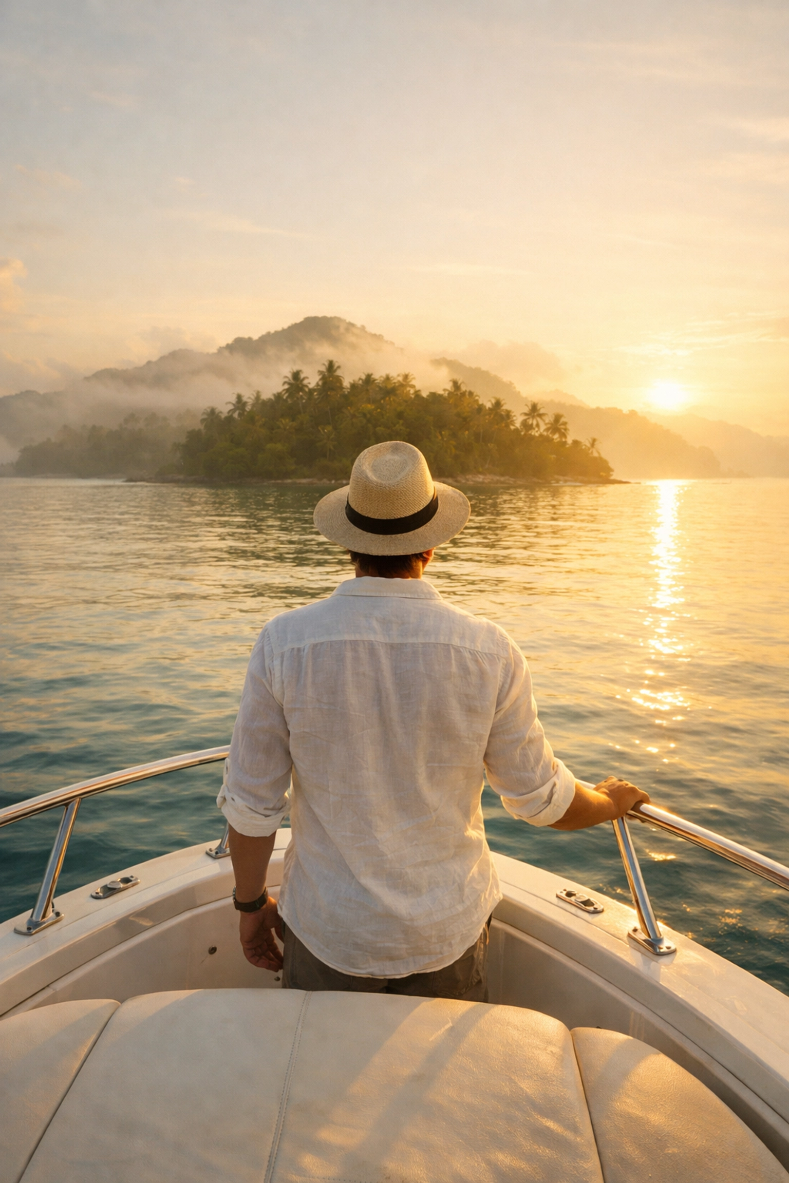 A traveler at the bow of a luxury vessel looking toward a tropical island at sunrise, evoking a sense of discovery.