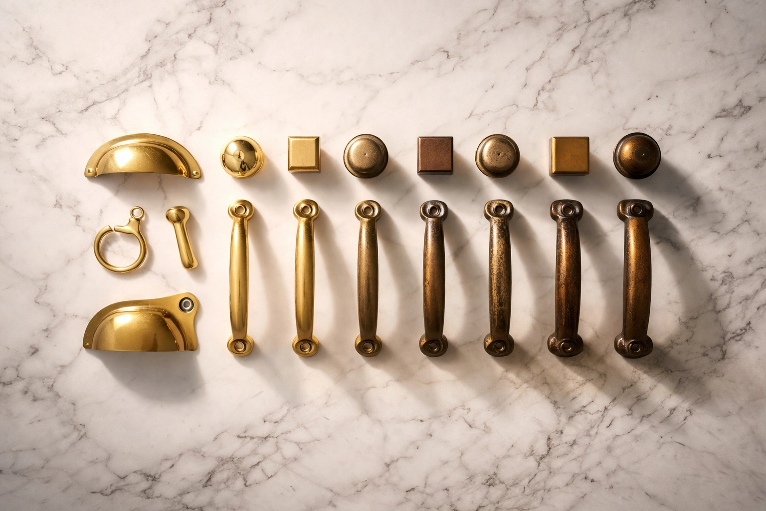 Brass hardware pieces arranged to show patina progression from polished gold to aged amber on marble