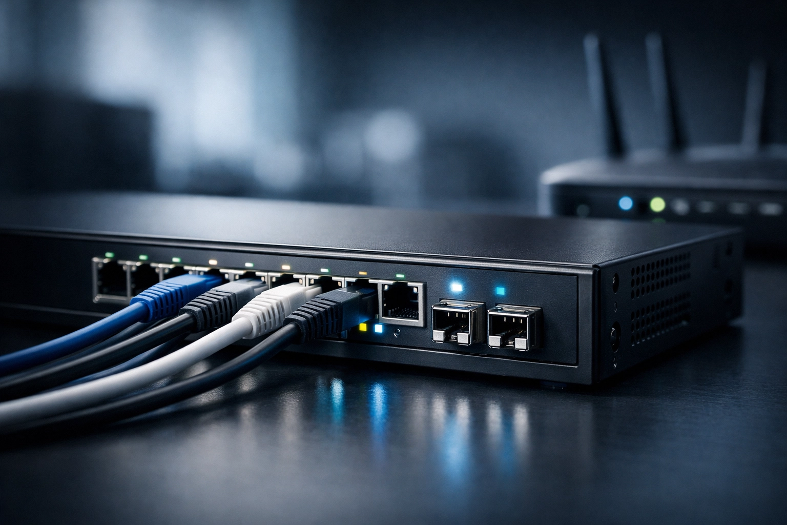 Business-grade network switch with ethernet cables for professional IT infrastructure