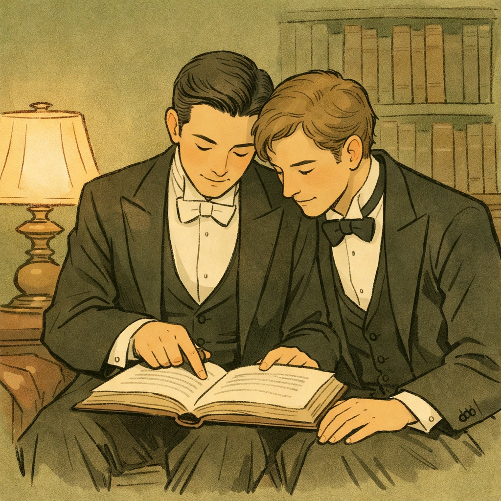Intimate moment in Gilded Age MM romance: two men share connection in private library