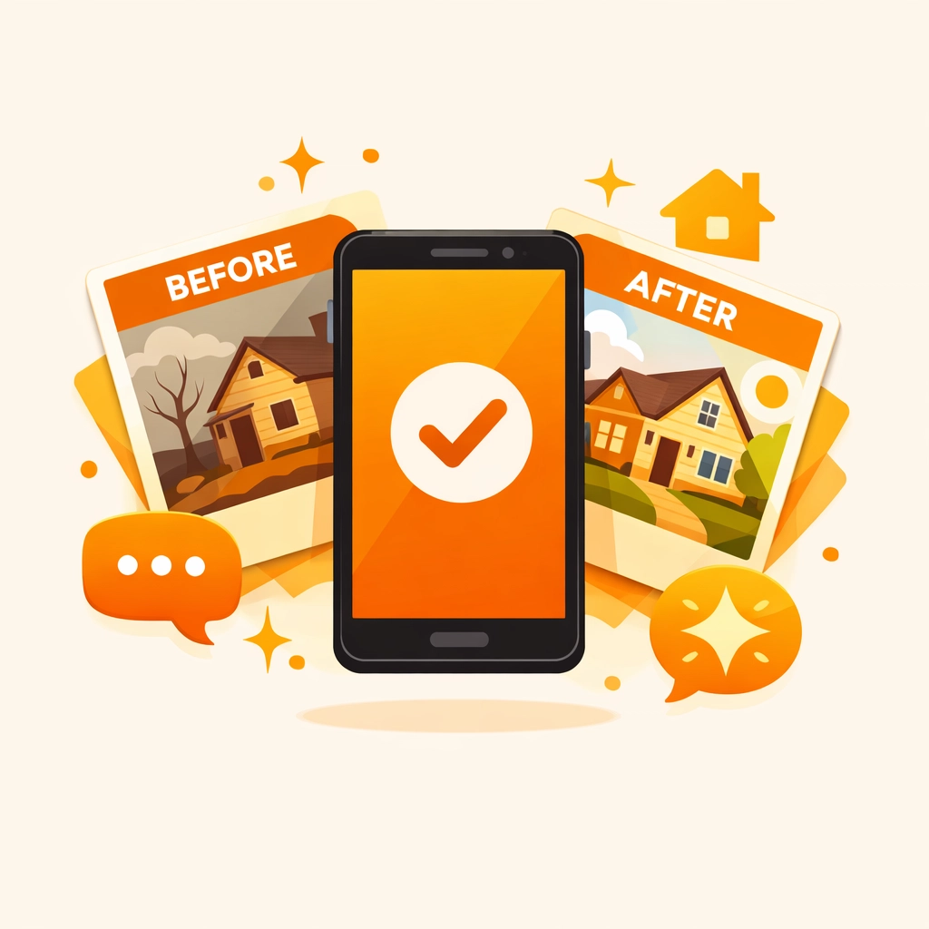 Digital photo timeline app showing professional before and after project cards on a mobile screen.