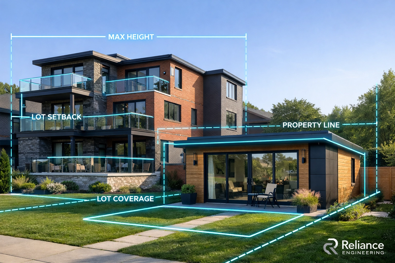 Modern multi-unit conversion and garden suite in Ontario with engineering site plan zoning overlays.