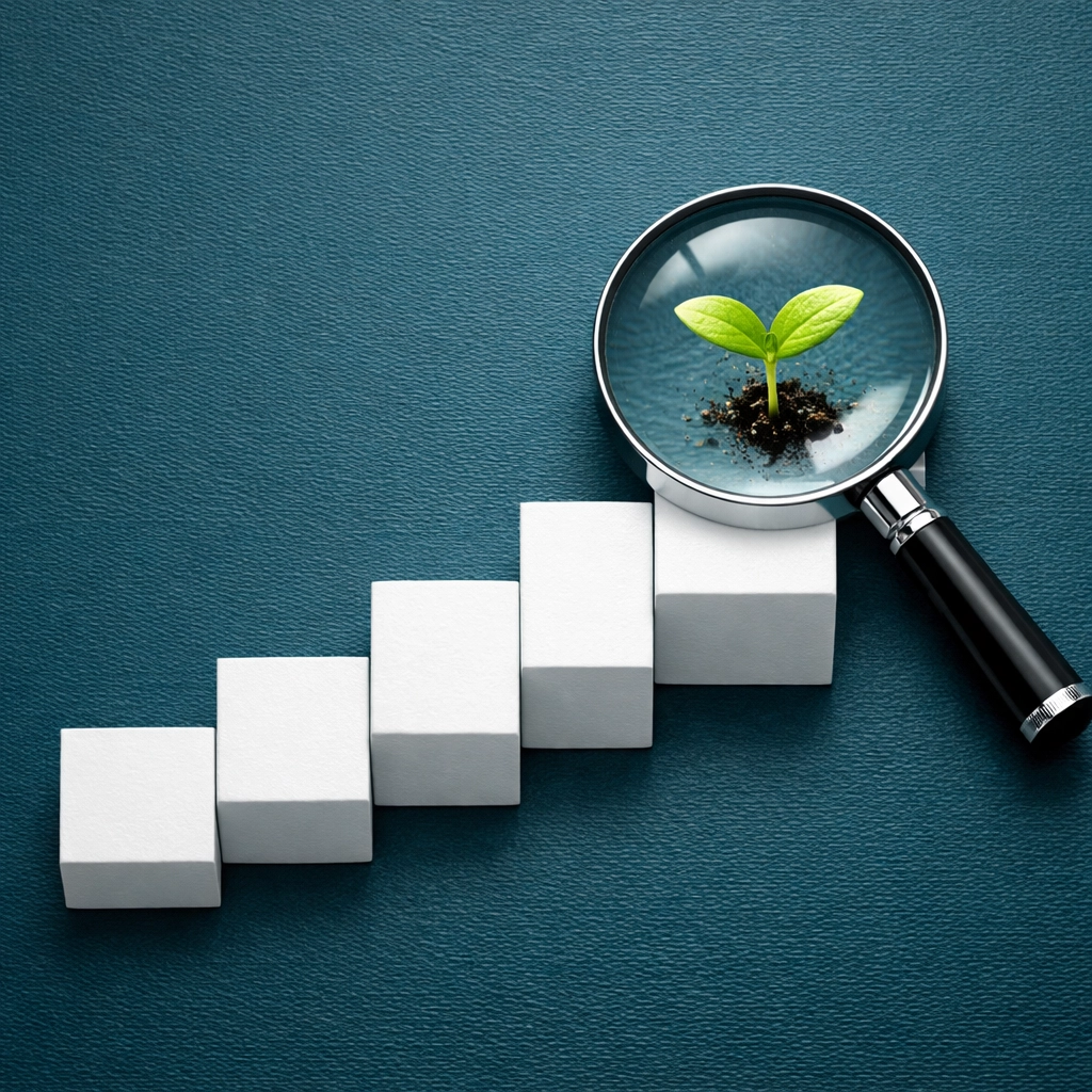 Magnifying glass focusing on growth steps representing small business marketing ROI and strategy.