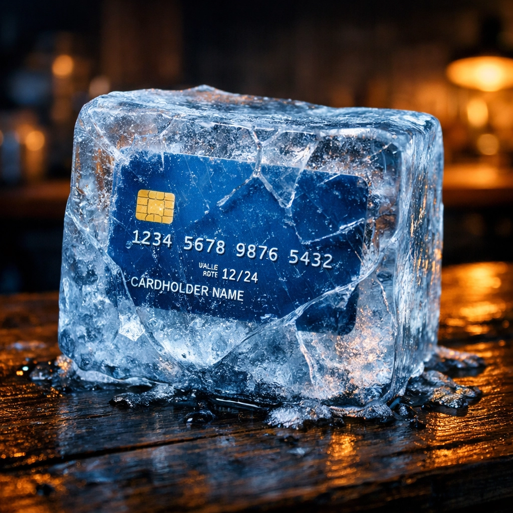 Blue credit card frozen in a block of ice symbolizing a halt on household debt and spending.