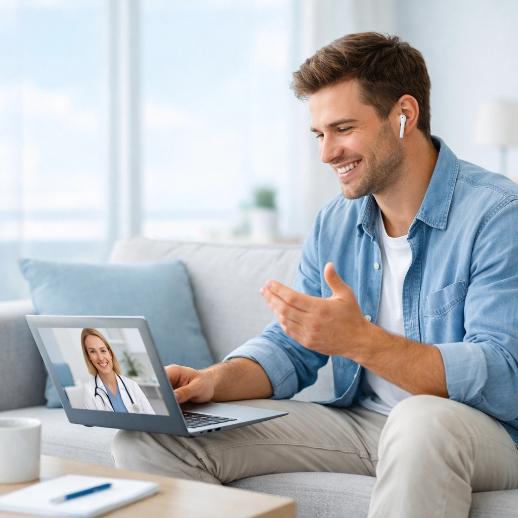 A patient attending a remote telehealth consultation for weight loss with a licensed online doctor.