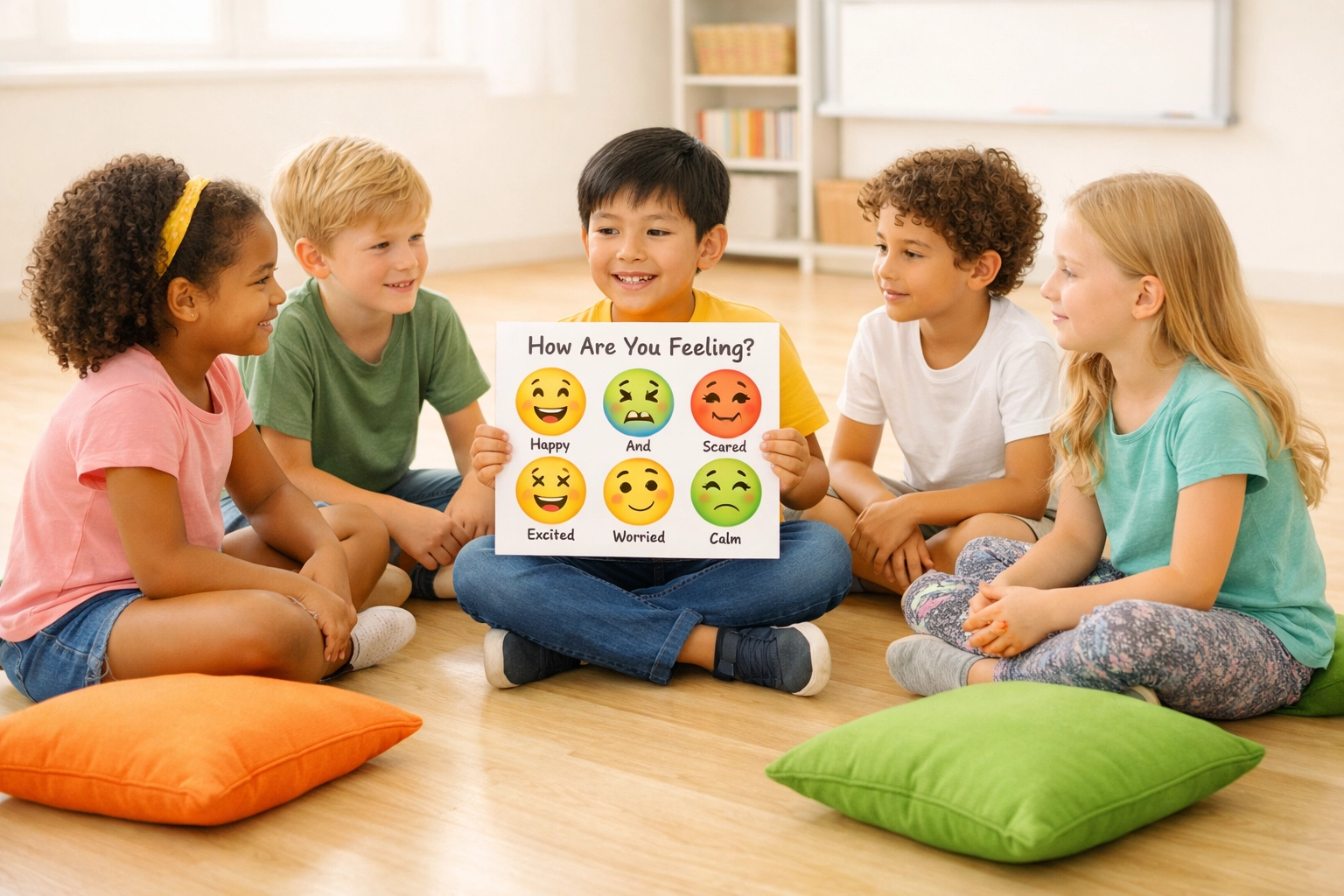 Children learning emotional intelligence skills in a Christian life skills classroom setting