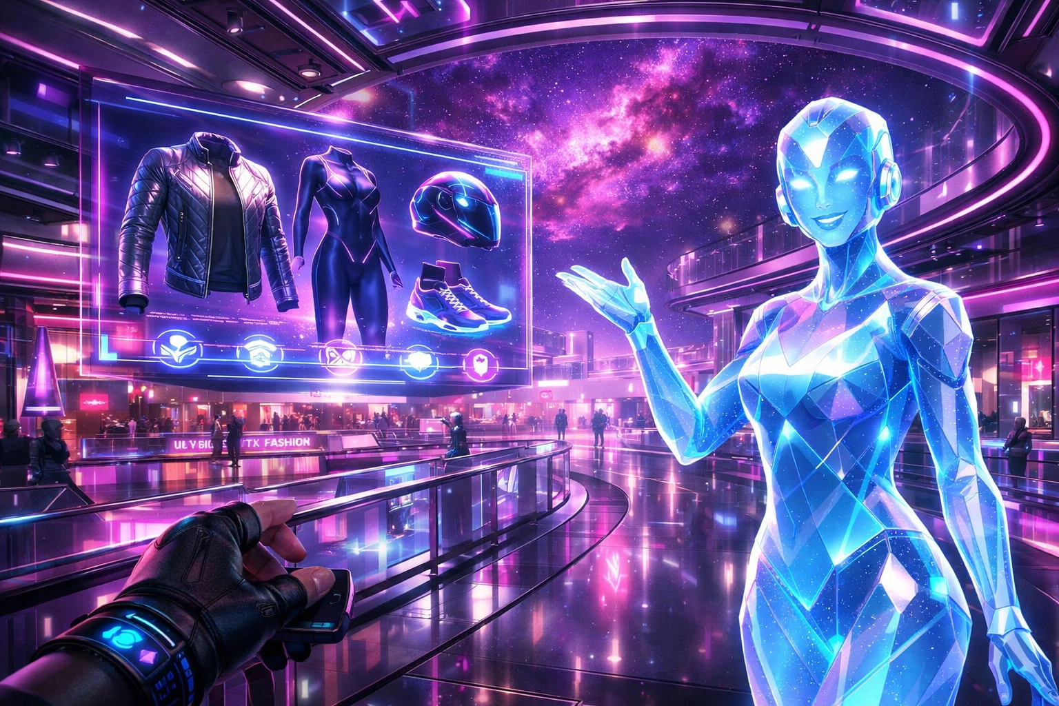 An AI shopping assistant guiding a customer through a neon metaverse plaza using secure Web3 digital payment systems.
