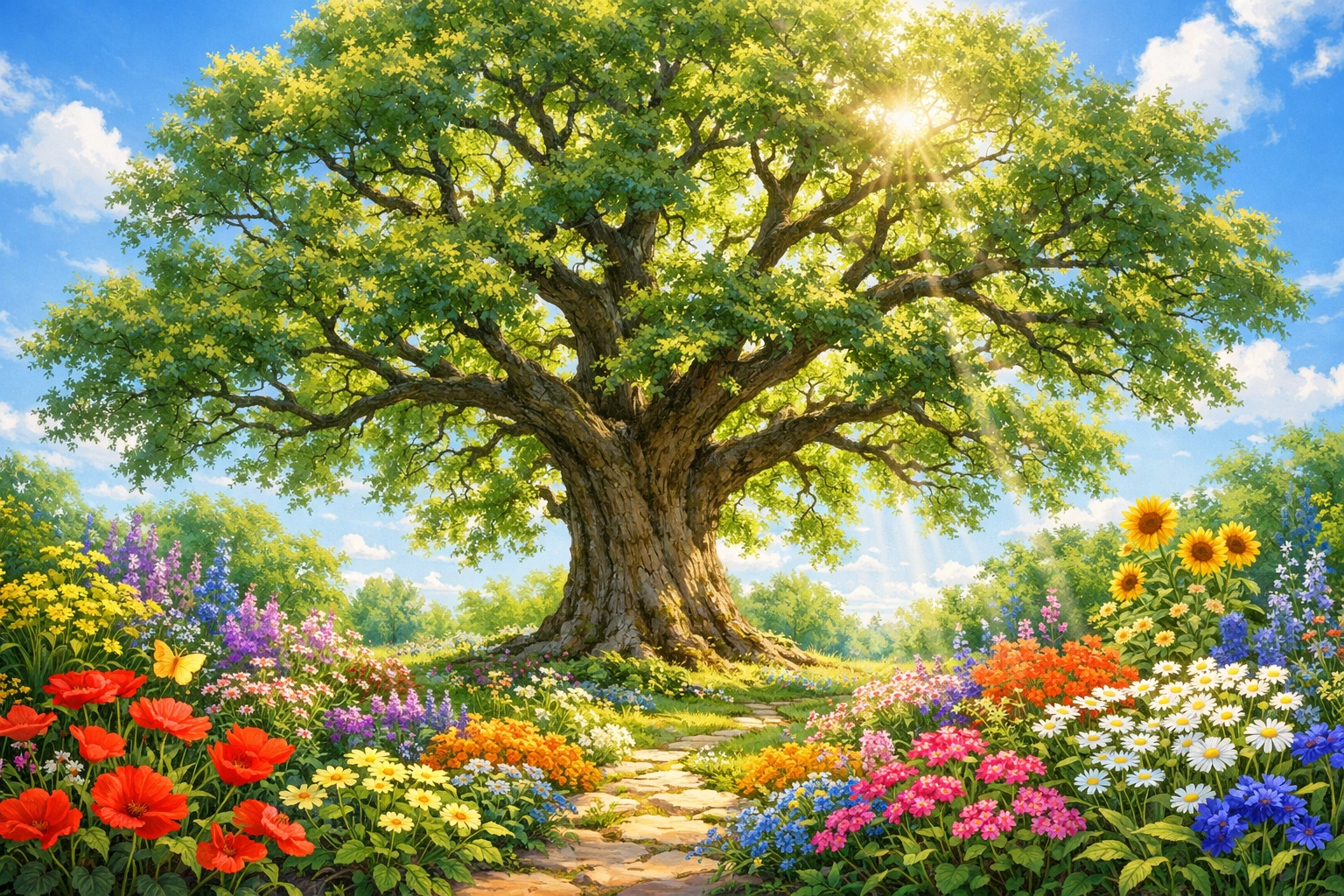 Flourishing oak tree and garden, representing spiritual growth, discipleship, and serving others