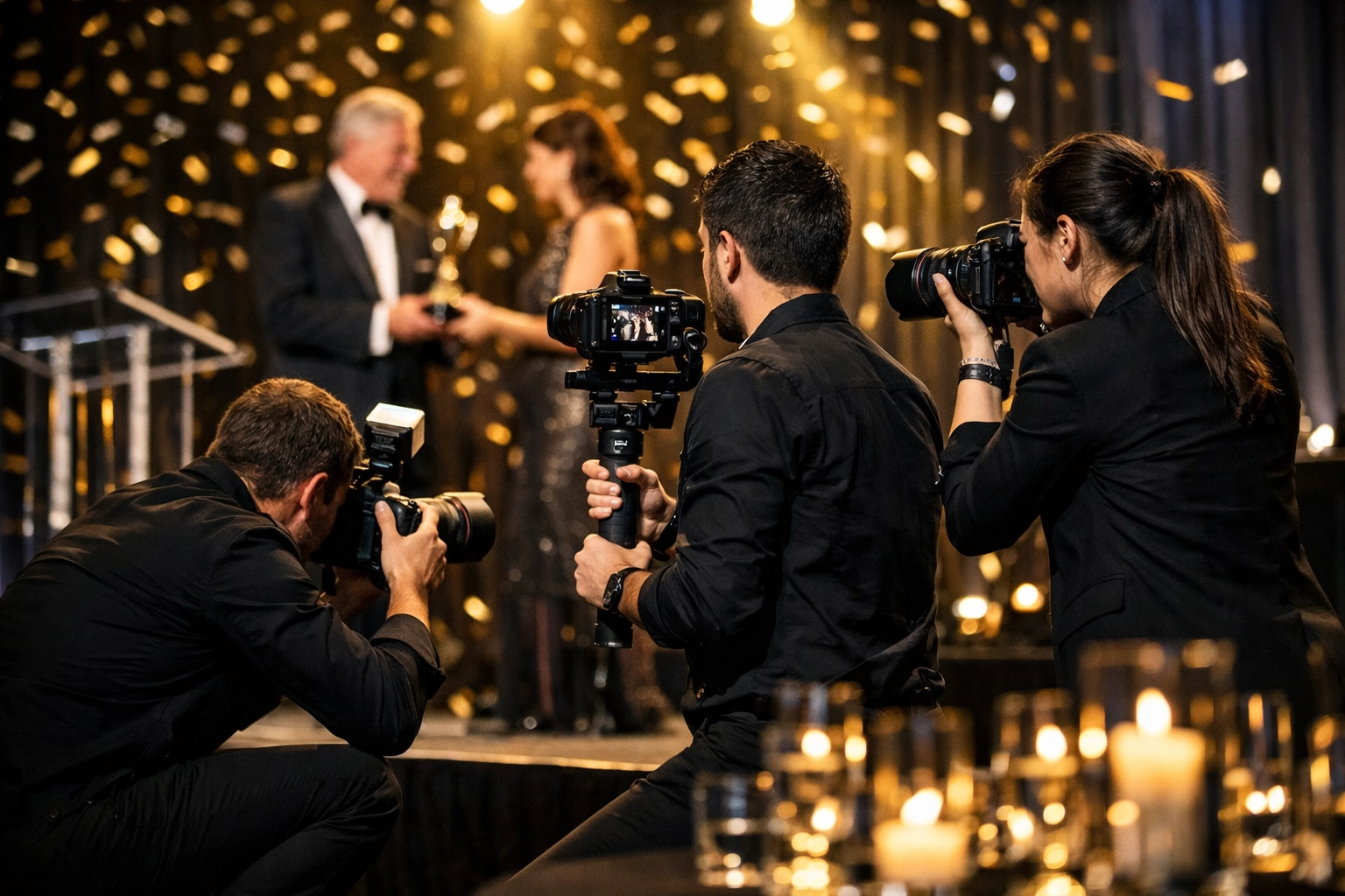 Professional business event photography team coordinating coverage at a large corporate gala in New York City.