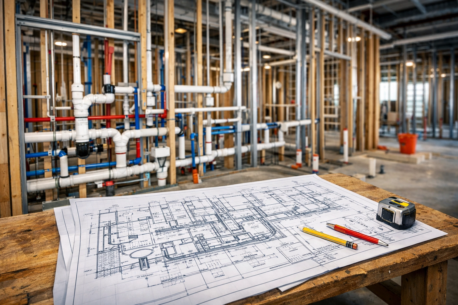 Detailed plumbing blueprints for a commercial construction site plumbing layout plan.