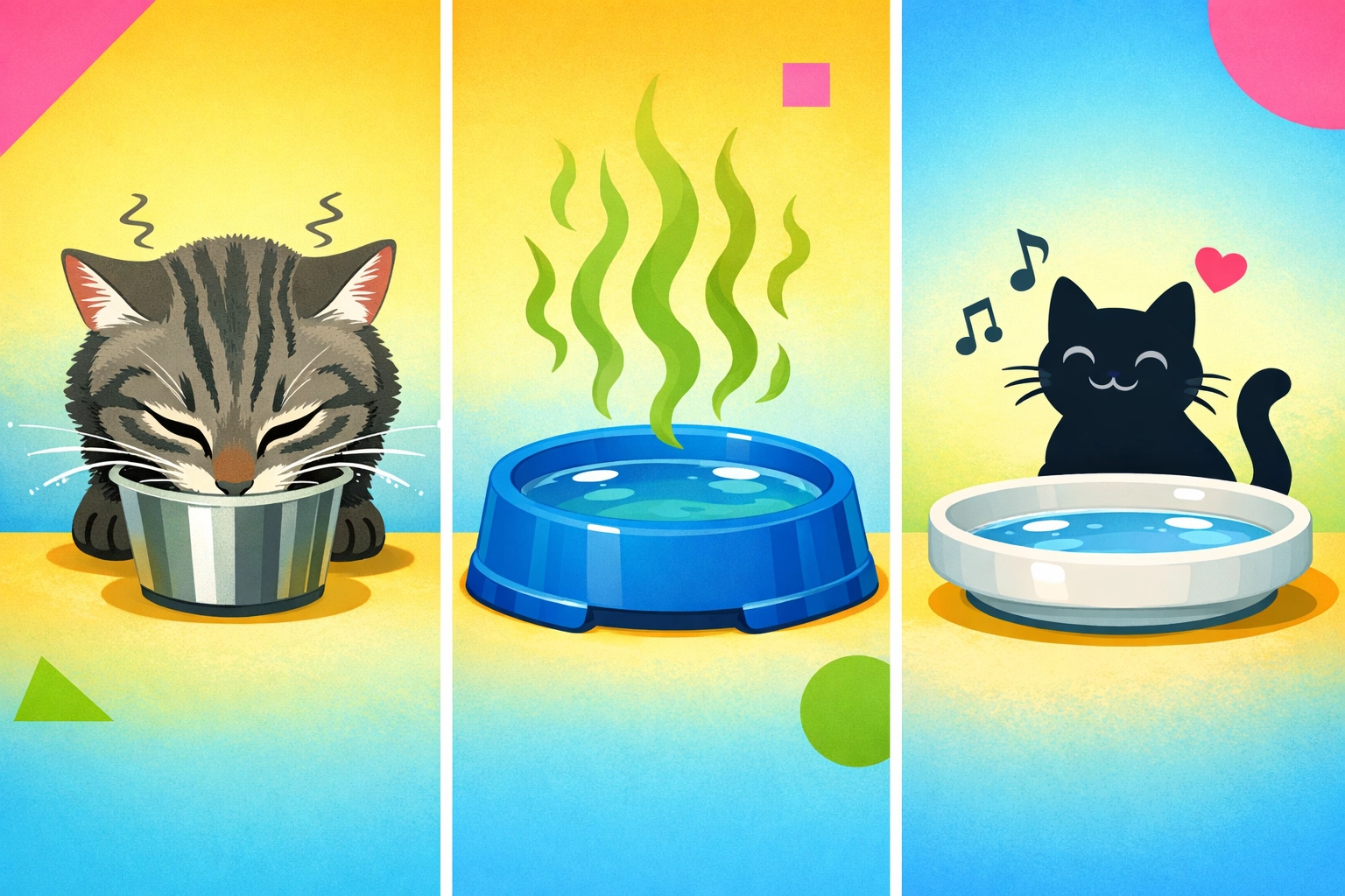 Three cat water bowl types compared: narrow deep bowl, plastic bowl, and wide shallow ceramic bowl