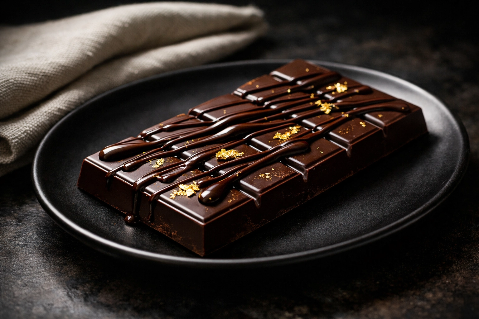 A luxurious dark chocolate bar adorned with elegant ripples of chocolate drizzle and edible gold leaf.