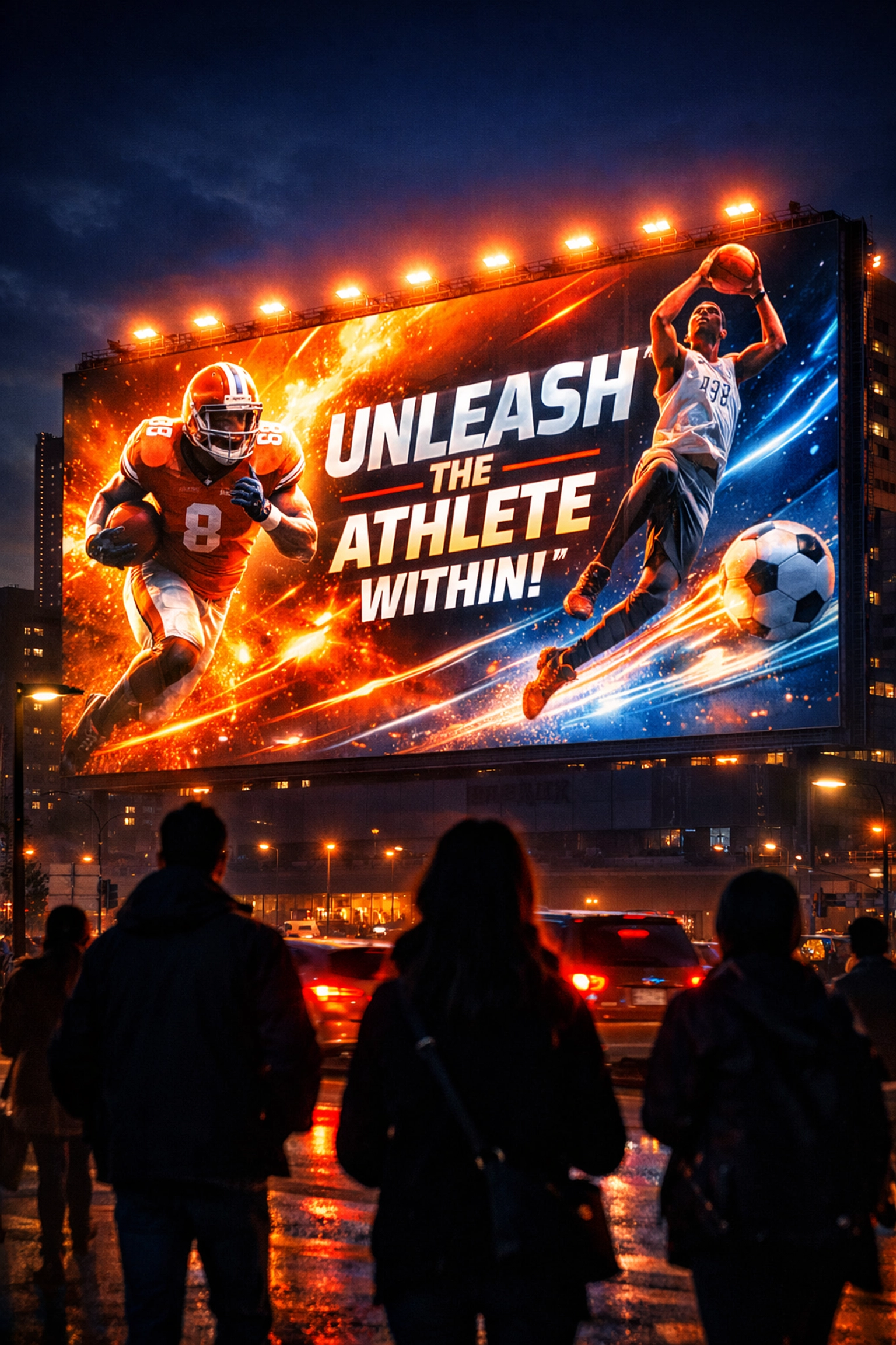 Digital billboard displaying sports marketing content in urban setting at night