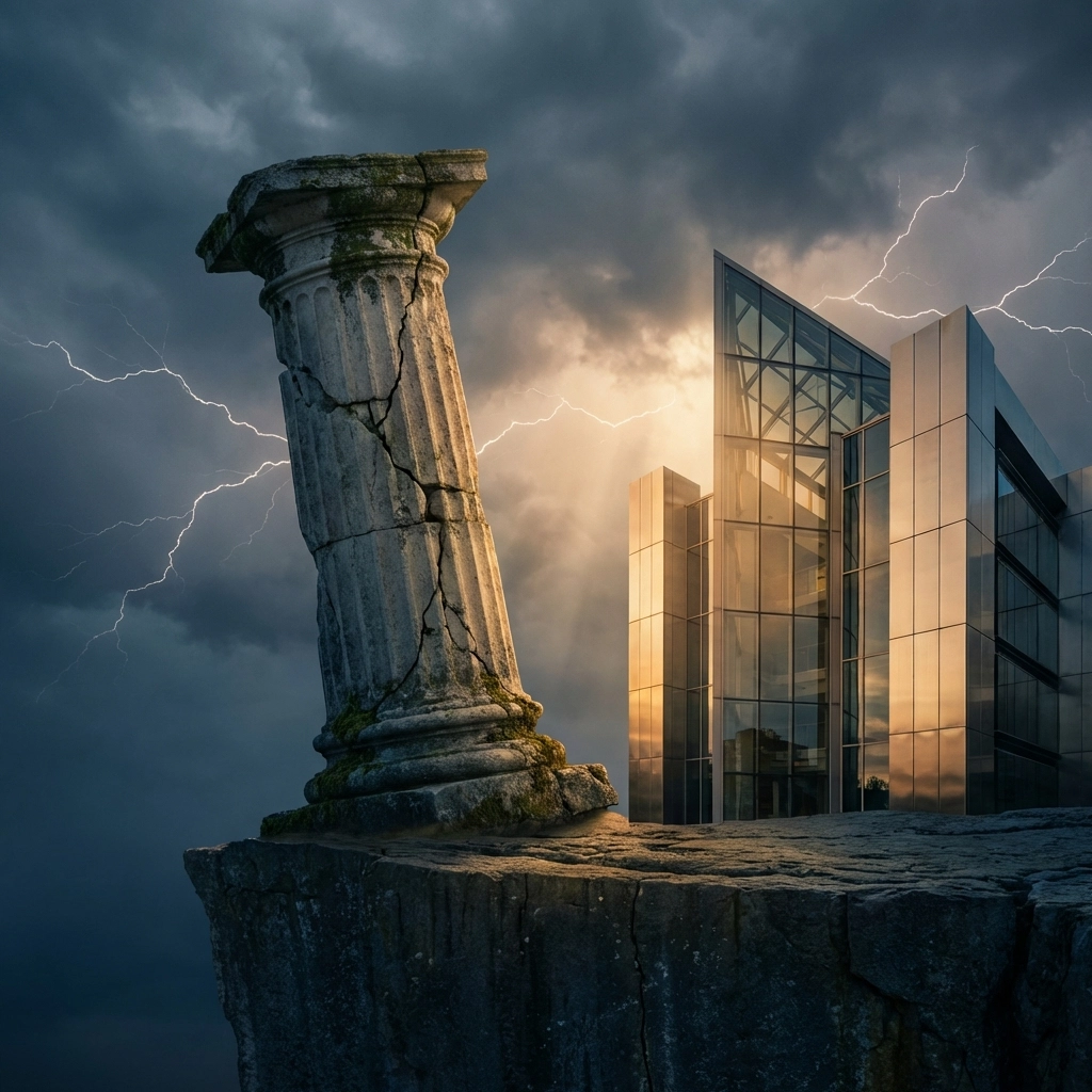 Contrast between an old crumbling column and a modern glass structure, symbolizing the shift from 60/40 to 40/30/30 strategies.