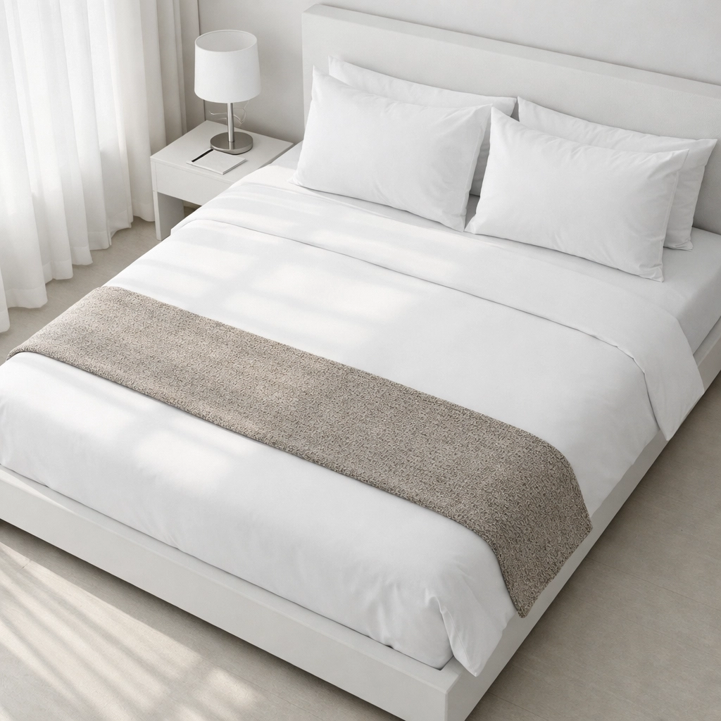 A minimalist luxury hotel room highlighting the efficiency of AI-driven housekeeping and operations.