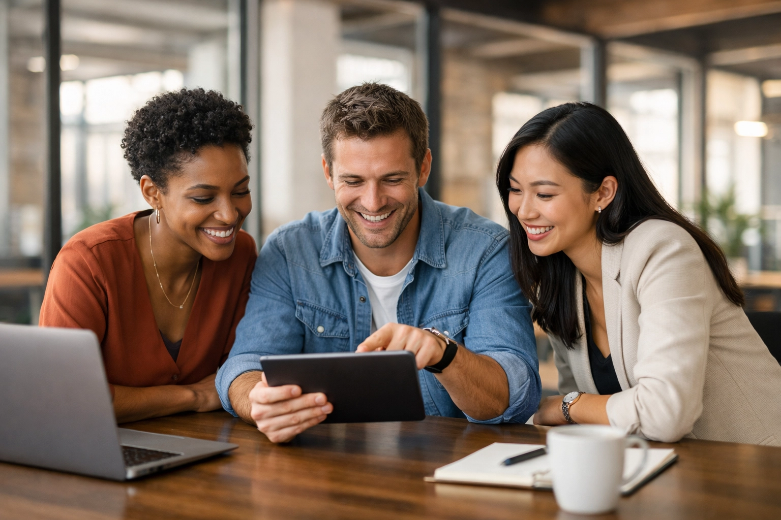 A diverse team collaborating on business growth using efficient workflow automation for small business.