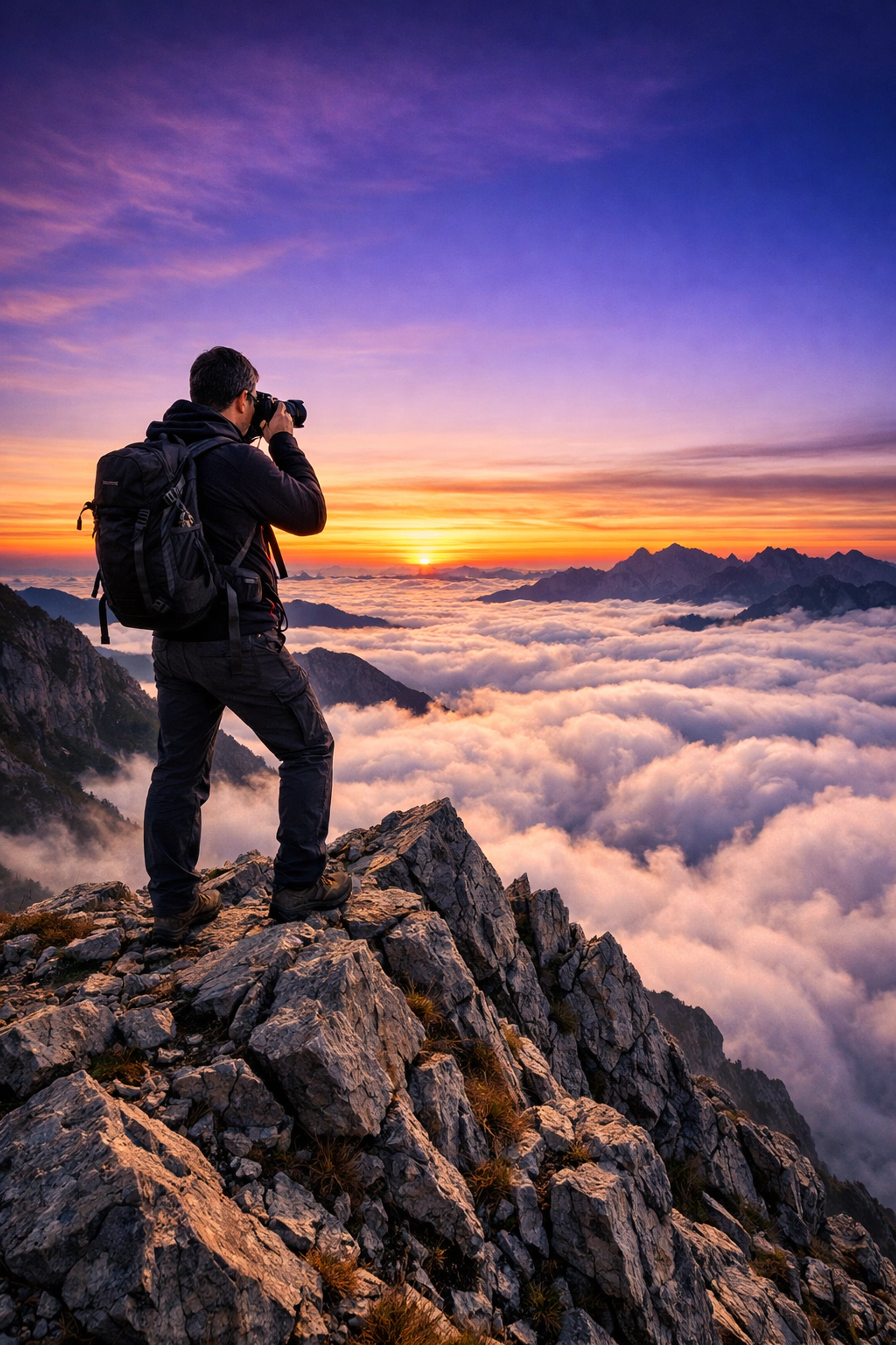 Landscape photographer on a mountain peak at dawn mastering manual mode camera controls.