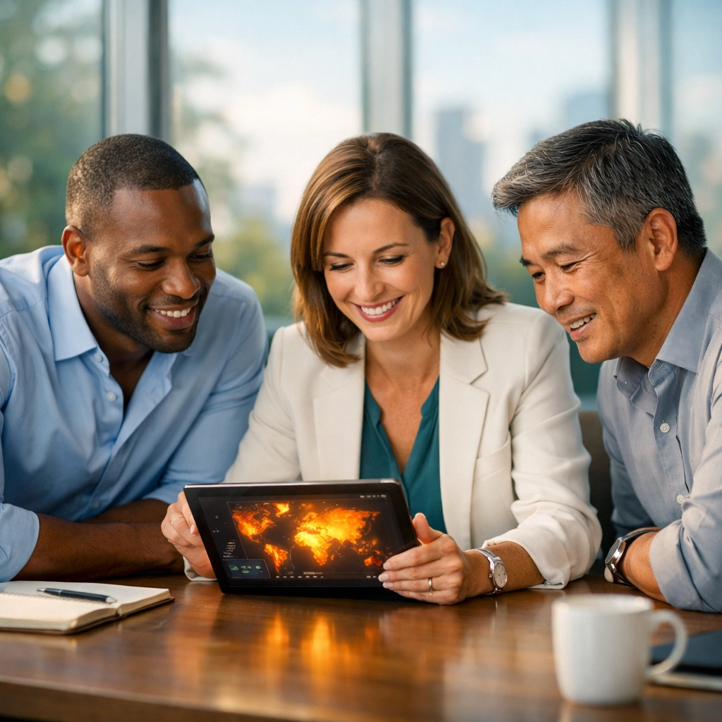 Diverse marketing team analyzing data insights to create human-centric programmatic advertising strategies.