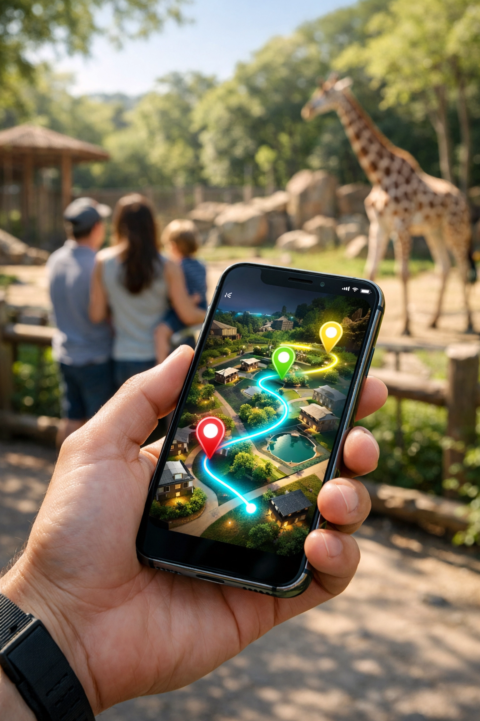 Visitor using a mobile app interactive map for wayfinding near a giraffe habitat in a smart zoo.