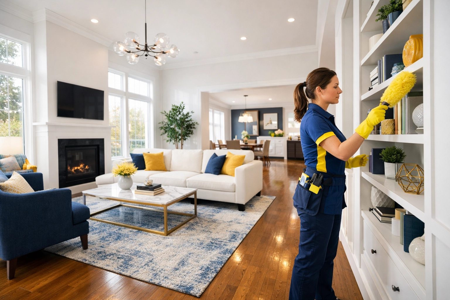 A professional house cleaning Marlborough expert dusting a bookshelf in a bright, modern living room.