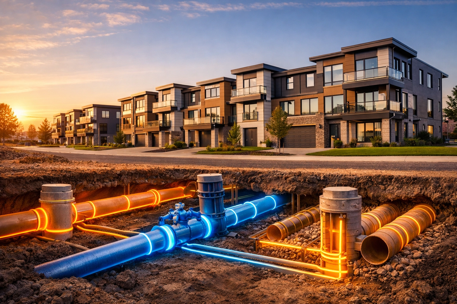 Modern Ontario residential development showcasing underground sewer and water infrastructure engineering.