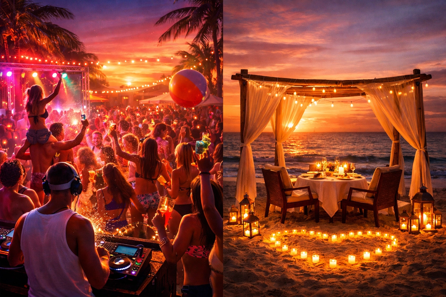 Temptation resort pool party vs Desire romantic beachfront dinner comparison