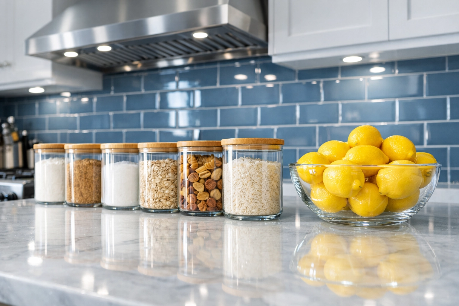 Organized kitchen with airtight containers and clean countertops to prevent mold.