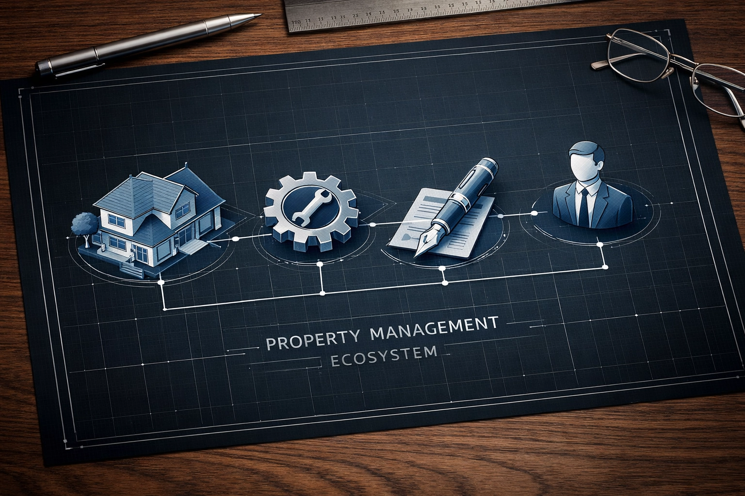 Diagram of property management operational workflows and contract management for a business acquisition.