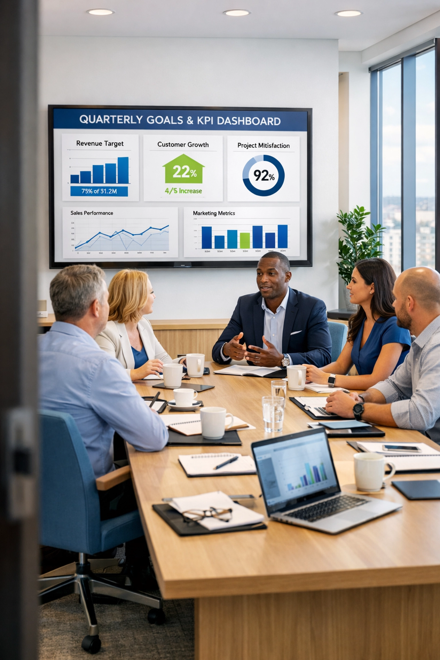 Strategic planning session with team reviewing KPIs and business goals for company alignment