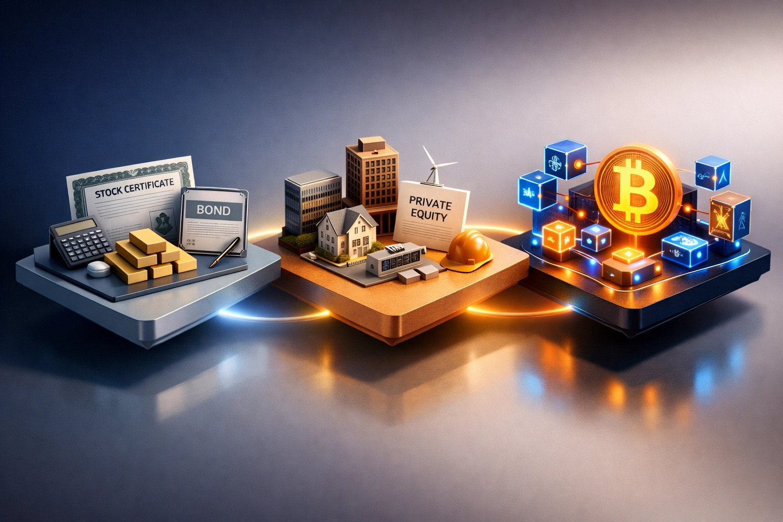 Three-pillar portfolio diversification showing traditional investments, alternative assets, and digital crypto holdings