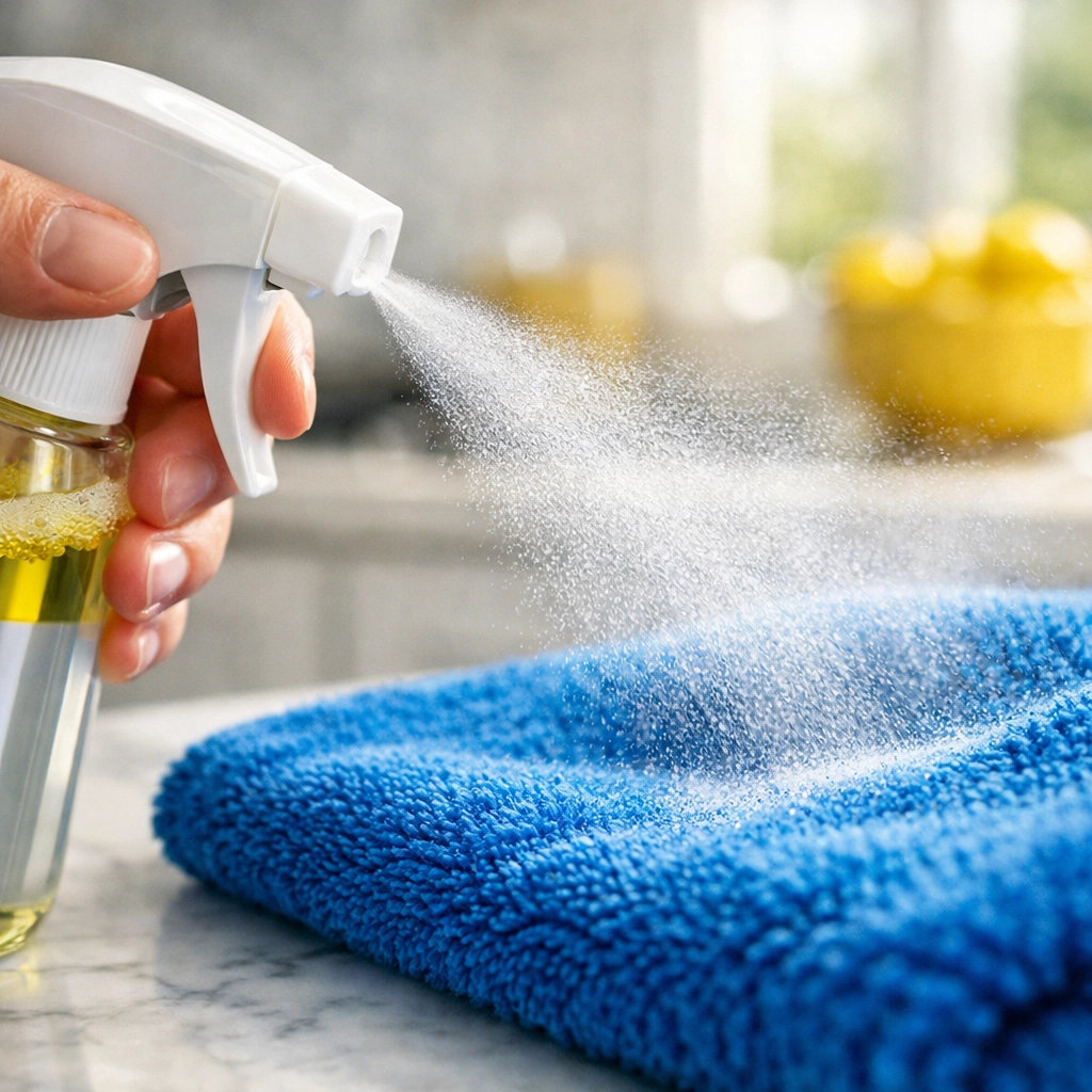 Spraying house cleaning solution onto a blue microfiber cloth for streak-free surfaces in Ashby MA.