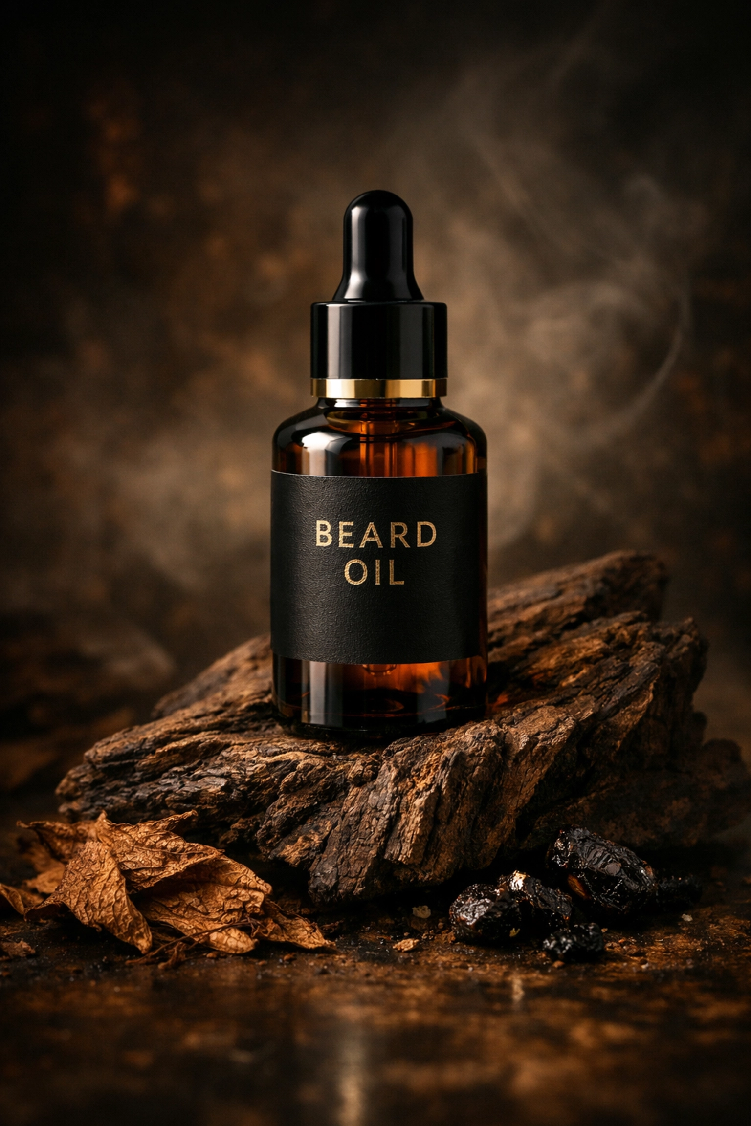 Premium beard oil bottle on oud wood with tobacco leaves for a sophisticated masculine fragrance.