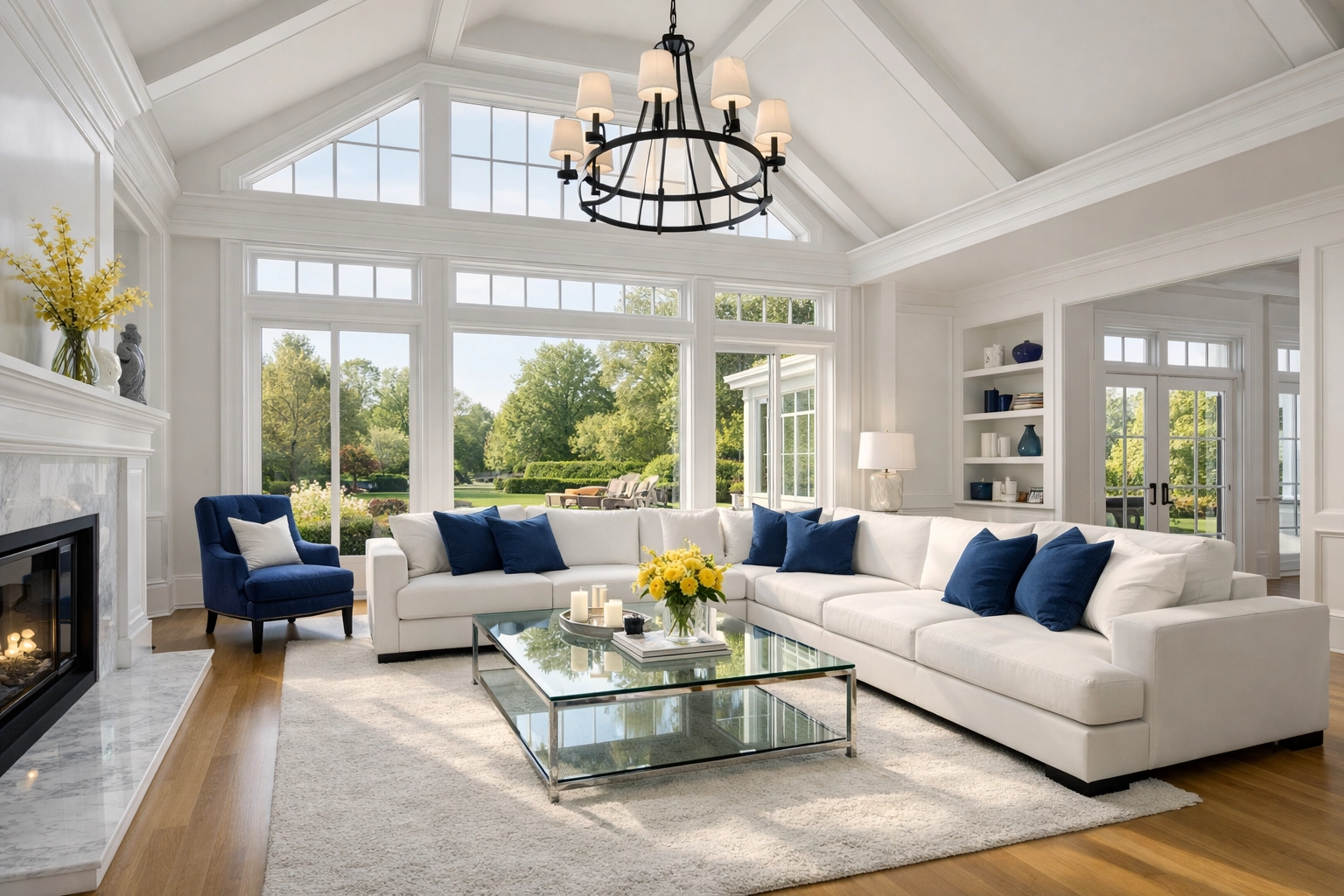 Luxurious Westford living room with polished floors from top-rated house cleaning services.