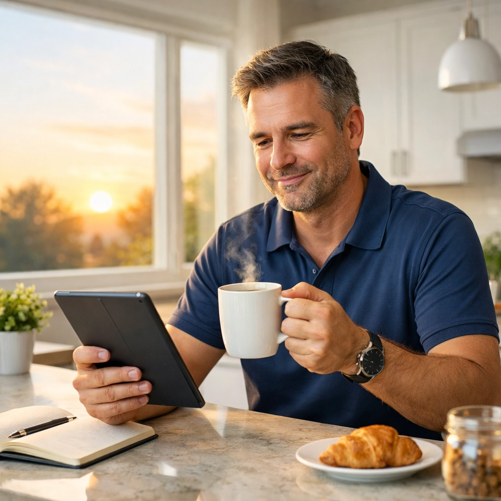 An HVAC contractor reviewing new leads on a tablet while enjoying a stress-free morning after using an AI receptionist.